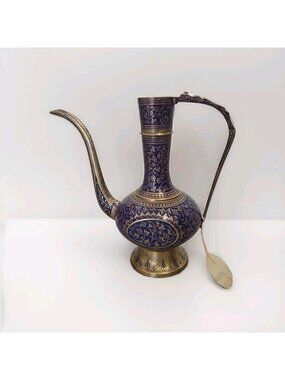 Vintage Brass Genie Bottle Oil Pitcher Etched Enameled Decorative Decor  8" Tall